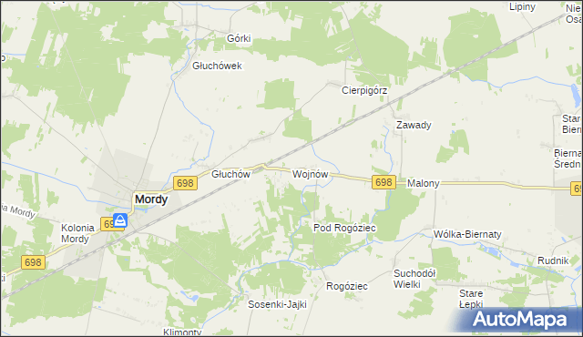 mapa Wojnów gmina Mordy, Wojnów gmina Mordy na mapie Targeo