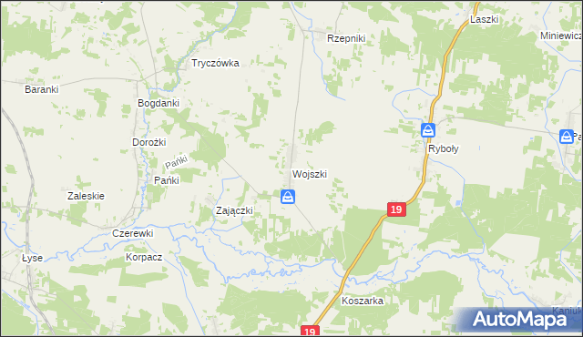 mapa Wojszki gmina Juchnowiec Kościelny, Wojszki gmina Juchnowiec Kościelny na mapie Targeo