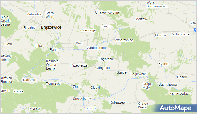 mapa Zagórcze gmina Brąszewice, Zagórcze gmina Brąszewice na mapie Targeo