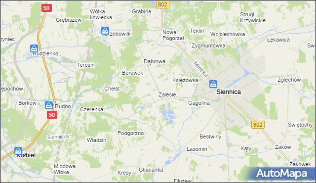 mapa Zalesie gmina Siennica, Zalesie gmina Siennica na mapie Targeo