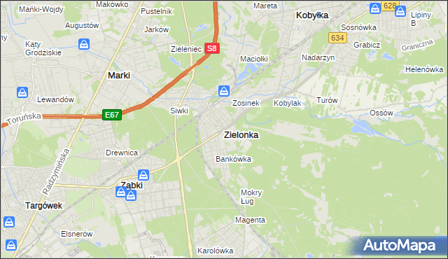 mapa Zielonka powiat wołomiński, Zielonka powiat wołomiński na mapie Targeo