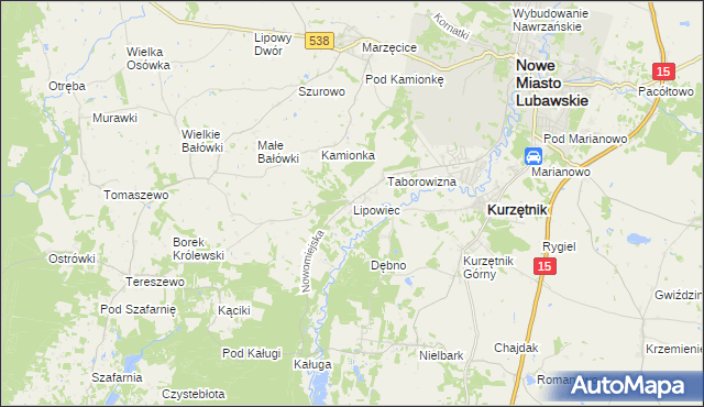 mapa Lipowiec gmina Kurzętnik, Lipowiec gmina Kurzętnik na mapie Targeo