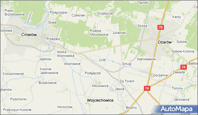 mapa Ługi gmina Wojciechowice, Ługi gmina Wojciechowice na mapie Targeo