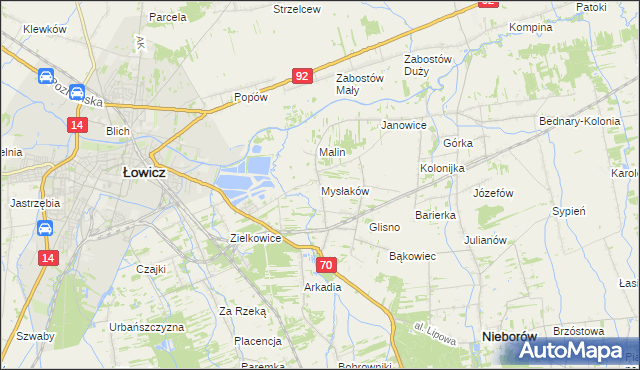 mapa Mysłaków gmina Nieborów, Mysłaków gmina Nieborów na mapie Targeo