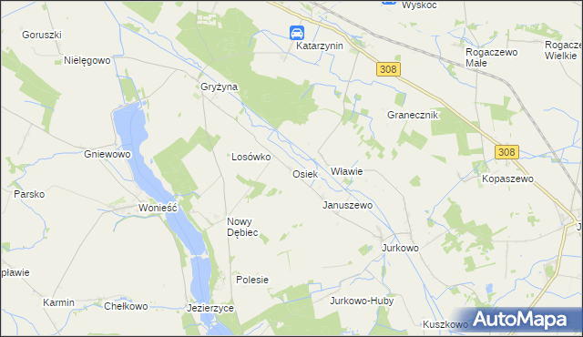 mapa Osiek gmina Kościan, Osiek gmina Kościan na mapie Targeo