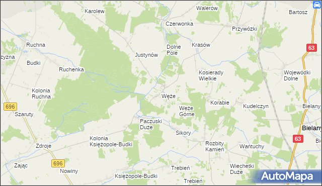 mapa Węże gmina Sokołów Podlaski, Węże gmina Sokołów Podlaski na mapie Targeo