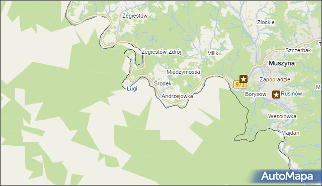 mapa Andrzejówka gmina Muszyna, Andrzejówka gmina Muszyna na mapie Targeo