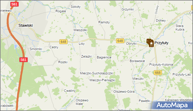 mapa Bagienice gmina Przytuły, Bagienice gmina Przytuły na mapie Targeo