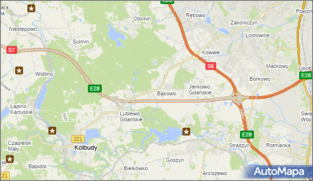 mapa Bąkowo gmina Kolbudy, Bąkowo gmina Kolbudy na mapie Targeo