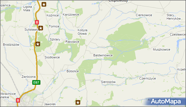 mapa Baldwinowice gmina Ciepłowody, Baldwinowice gmina Ciepłowody na mapie Targeo