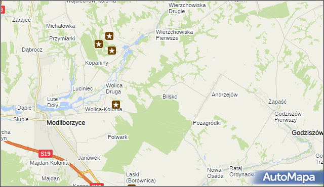 mapa Bilsko gmina Modliborzyce, Bilsko gmina Modliborzyce na mapie Targeo