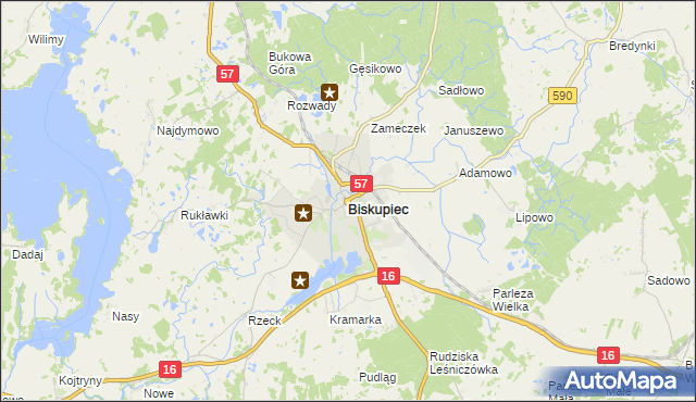 mapa Biskupiec powiat olsztyński, Biskupiec powiat olsztyński na mapie Targeo