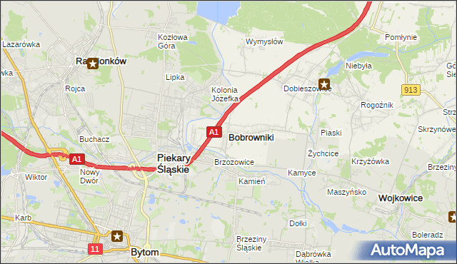 mapa Bobrowniki powiat będziński, Bobrowniki powiat będziński na mapie Targeo