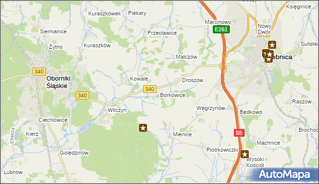 mapa Borkowice gmina Oborniki Śląskie, Borkowice gmina Oborniki Śląskie na mapie Targeo