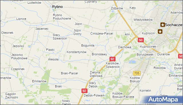 mapa Bronisławy gmina Rybno, Bronisławy gmina Rybno na mapie Targeo