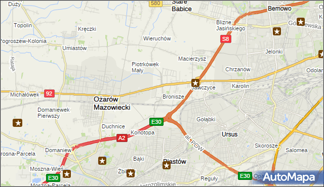 mapa Bronisze gmina Ożarów Mazowiecki, Bronisze gmina Ożarów Mazowiecki na mapie Targeo