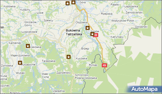 mapa Brzegi gmina Bukowina Tatrzańska, Brzegi gmina Bukowina Tatrzańska na mapie Targeo