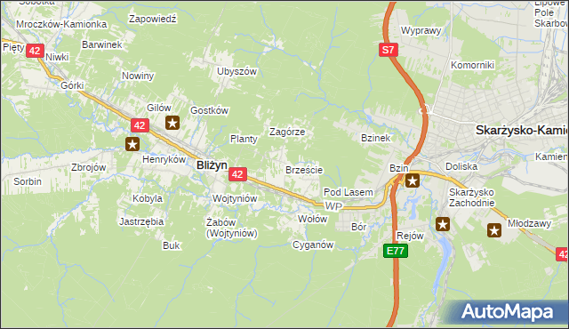 mapa Brzeście gmina Bliżyn, Brzeście gmina Bliżyn na mapie Targeo