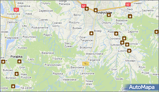 mapa Brzezinka gmina Andrychów, Brzezinka gmina Andrychów na mapie Targeo