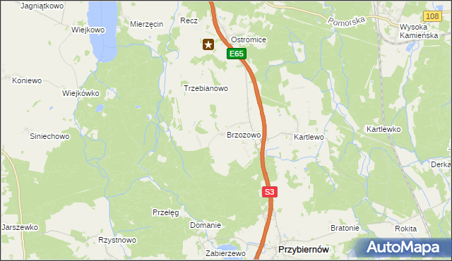 mapa Brzozowo gmina Przybiernów, Brzozowo gmina Przybiernów na mapie Targeo