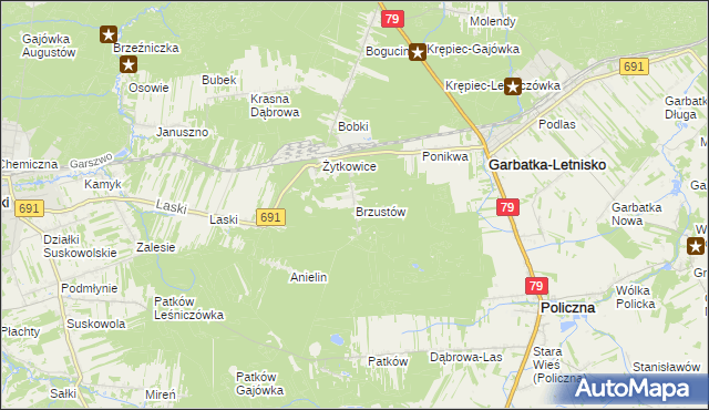 mapa Brzustów gmina Garbatka-Letnisko, Brzustów gmina Garbatka-Letnisko na mapie Targeo