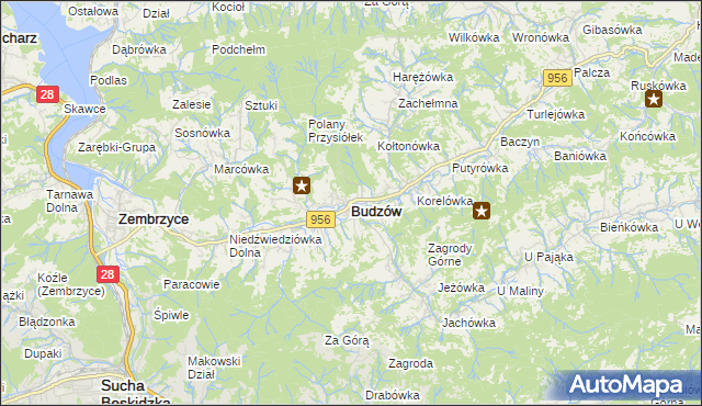 mapa Budzów powiat suski, Budzów powiat suski na mapie Targeo