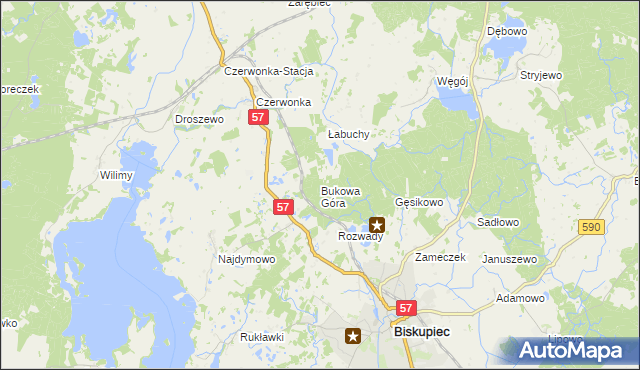 mapa Bukowa Góra gmina Biskupiec, Bukowa Góra gmina Biskupiec na mapie Targeo