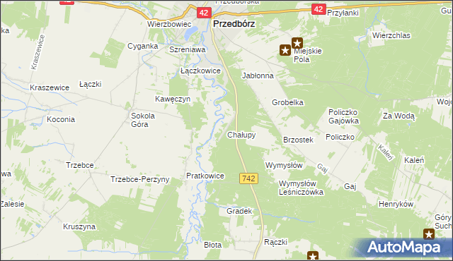 mapa Chałupy gmina Przedbórz, Chałupy gmina Przedbórz na mapie Targeo