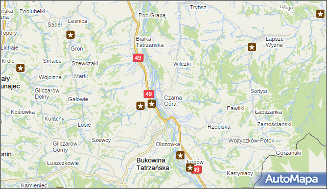 mapa Czarna Góra gmina Bukowina Tatrzańska, Czarna Góra gmina Bukowina Tatrzańska na mapie Targeo