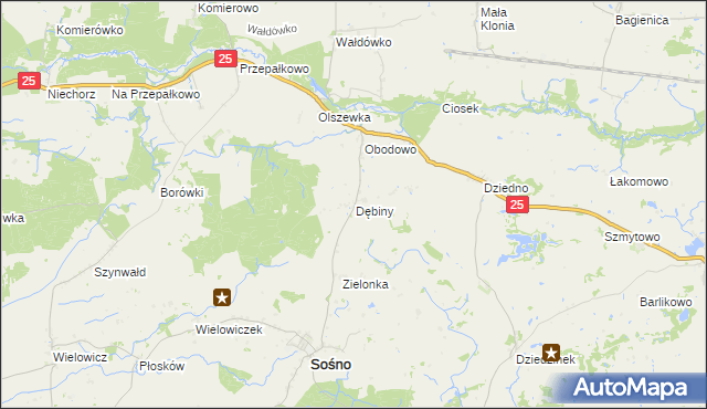 mapa Dębiny gmina Sośno, Dębiny gmina Sośno na mapie Targeo