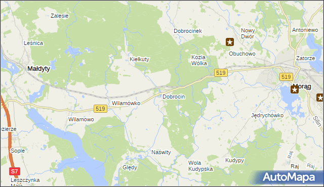 mapa Dobrocin gmina Małdyty, Dobrocin gmina Małdyty na mapie Targeo