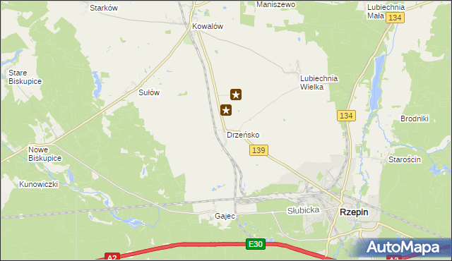 mapa Drzeńsko gmina Rzepin, Drzeńsko gmina Rzepin na mapie Targeo