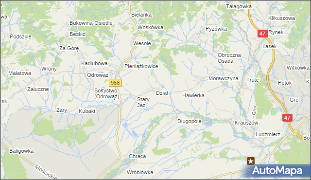 mapa Dział gmina Czarny Dunajec, Dział gmina Czarny Dunajec na mapie Targeo