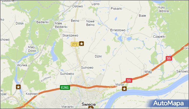 mapa Dziki gmina Świecie, Dziki gmina Świecie na mapie Targeo