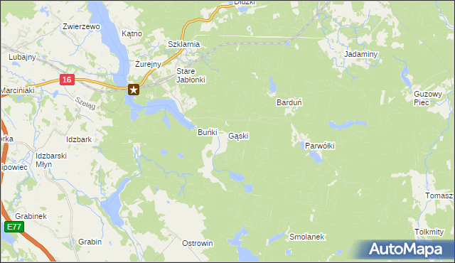 mapa Gąski gmina Ostróda, Gąski gmina Ostróda na mapie Targeo