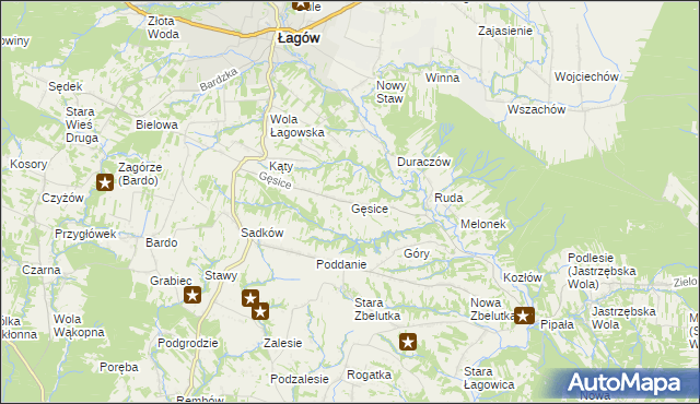 mapa Gęsice gmina Łagów, Gęsice gmina Łagów na mapie Targeo