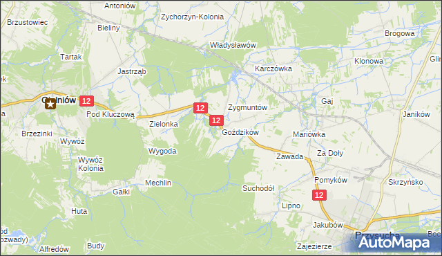 mapa Goździków gmina Gielniów, Goździków gmina Gielniów na mapie Targeo