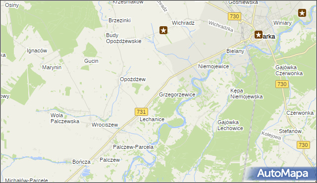 mapa Grzegorzewice gmina Warka, Grzegorzewice gmina Warka na mapie Targeo
