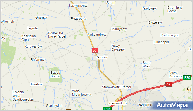 mapa Guzów gmina Wiskitki, Guzów gmina Wiskitki na mapie Targeo