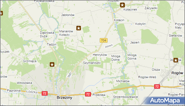 mapa Henryków gmina Brzeziny, Henryków gmina Brzeziny na mapie Targeo