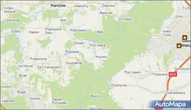 mapa Hucisko gmina Głogów Małopolski, Hucisko gmina Głogów Małopolski na mapie Targeo
