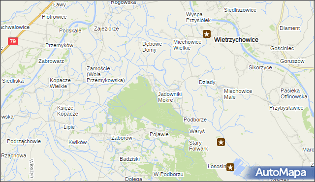 mapa Jadowniki Mokre gmina Wietrzychowice, Jadowniki Mokre gmina Wietrzychowice na mapie Targeo