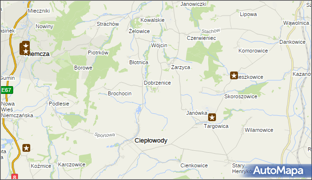 mapa Jakubów gmina Ciepłowody, Jakubów gmina Ciepłowody na mapie Targeo