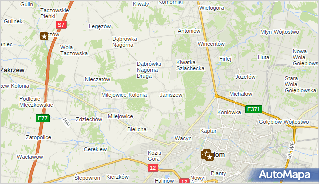 mapa Janiszew gmina Zakrzew, Janiszew gmina Zakrzew na mapie Targeo