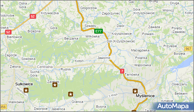 mapa Jawornik gmina Myślenice, Jawornik gmina Myślenice na mapie Targeo