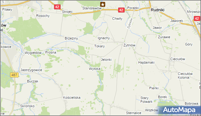mapa Jelonki gmina Rudniki, Jelonki gmina Rudniki na mapie Targeo
