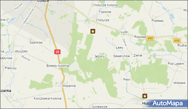 mapa Jeziory gmina Łosice, Jeziory gmina Łosice na mapie Targeo
