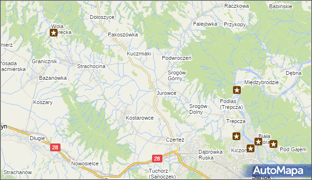 mapa Jurowce gmina Sanok, Jurowce gmina Sanok na mapie Targeo