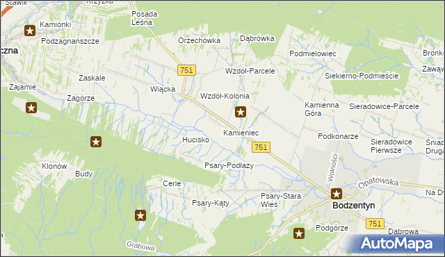 mapa Kamieniec gmina Bodzentyn, Kamieniec gmina Bodzentyn na mapie Targeo