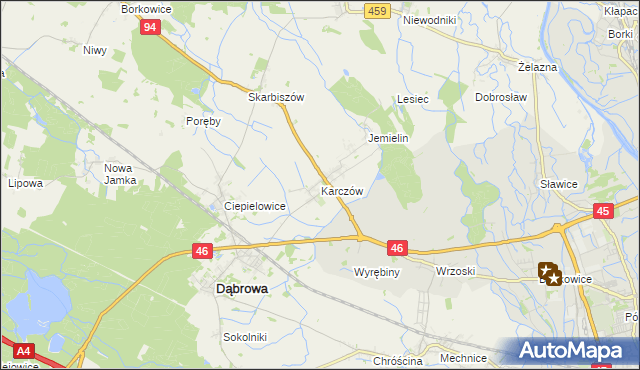 mapa Karczów gmina Dąbrowa, Karczów gmina Dąbrowa na mapie Targeo